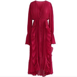 CHICWISH Red Breezy Ruffle Asymmetric Pleated Chiffon Maxi Dress Size M NWoT